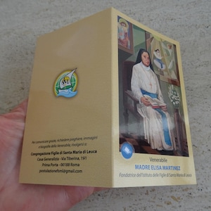 Religiöse katholische Schreinkarte mit Reliquienreliquie mit Stoffstück der seligen Elisa Martinez. XX6