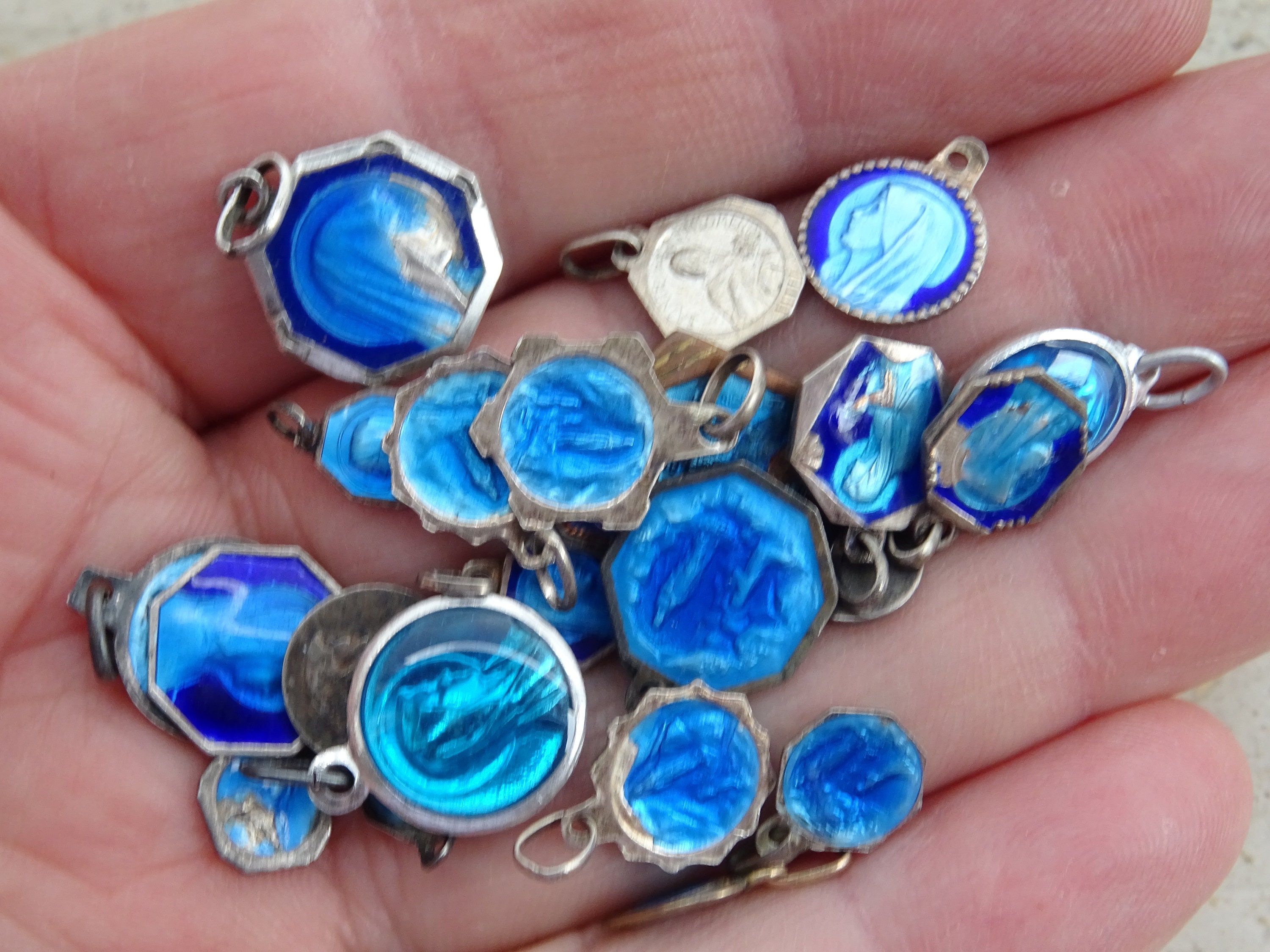 24 Religious antique French silvered catholic enameled medals charms pendants medallions Holy charms.  ( 20 )
