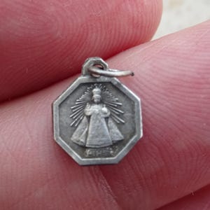 Religious antique French catholic silvered medal pendant medaillon charm medallion of The Infant Jesus of Prague and Holy Virgin Mary.  27