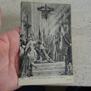 Postal postal francesa antigua sin usar con la coronación de Carlos VII con Juana de Arco, recuerdo de Juana de Arco de Reims. ( F 32 )