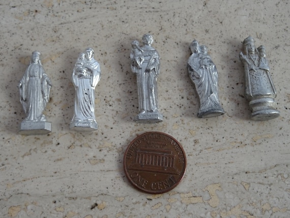 5 Religious Antique French Aluminium Catholic Little Statues