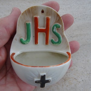 Religious catholic French Holy water font stoup of porcelain with IHS. (  K 29 )