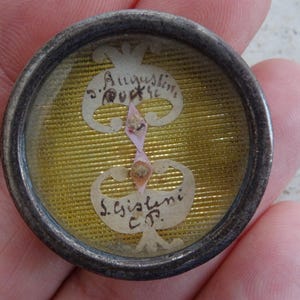 Religious antique French catholic shrine theca medal with reliquary relic of Saint Augustin Augustinus and Gisleni.   P 2