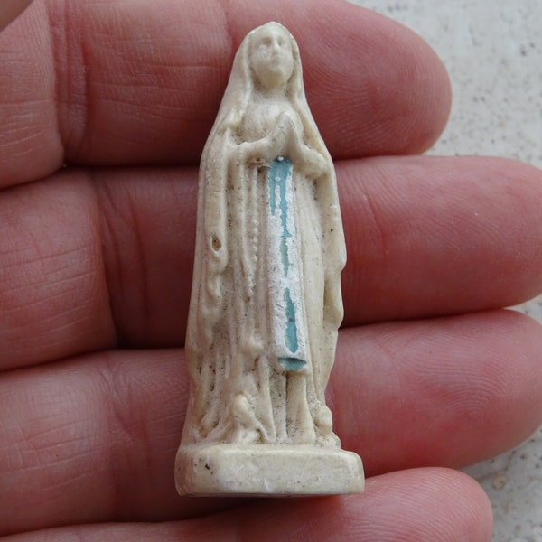 Religious antique French small catholic miniature statue of plaster of Holy Virgin Mary Our Lady souvenir of Lourdes. ( 34 )