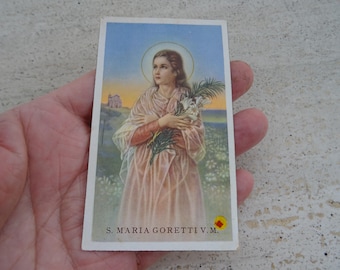 Vintage Saint Maria Goretti Relic Holy Card – Red Cloth Relic – Catholic Devotional – Made in Italy. ( D E 12 )