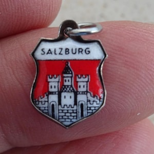 Vintage silver ( MARKED 800 )  enameled travel shield charm, memory charm tourist charm, Coat of Arms, charm bedel souvenir Salzburg. S 54