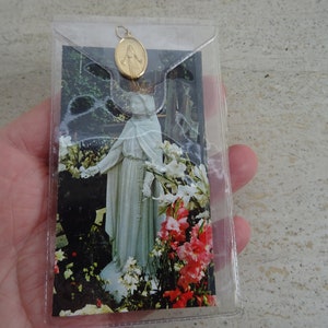 Biglietto religioso cattolico plastificato con all'interno medaglia argentata della Santa Vergine Maria Nostra Signora di Notre Dame de Beauring. (21)