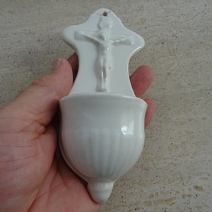 Religious antique catholic French Holy water font of porcelain with cross Holy Jesus Christ. ( R 16  )