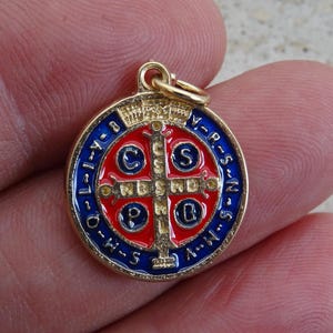 Religious vermeil enameled medal pendant medallion Holy charm of Saint Benedict.  ( catholic medal of exorcism against evil ) ( B 1 )