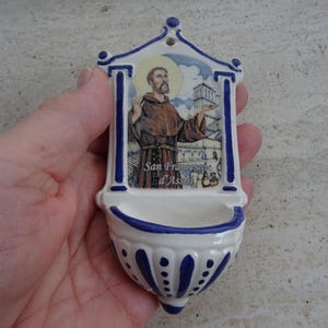 Religious vintage catholic French porcelainen Holy water font stoup with Saint Francis of Assisi and Basilica of St. Francis. BB 5