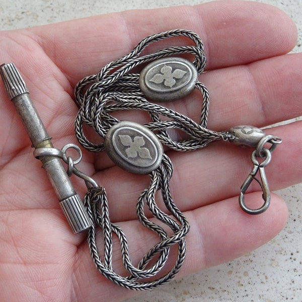 Antique French silver ( 2 x MARKED ) art deco pocket watch chain with fob breloque.  F 5
