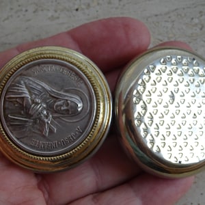 Religious antique French silvered Catholic Rosary Case Miniature Box Container Collectible of Saint Therese souvenir of Lisieux. 46