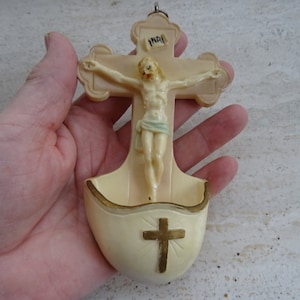 Religious French catholic Holy water font stoup  with cross crucifix of Holy Jesus Christ Our Lord. ( B 19 )