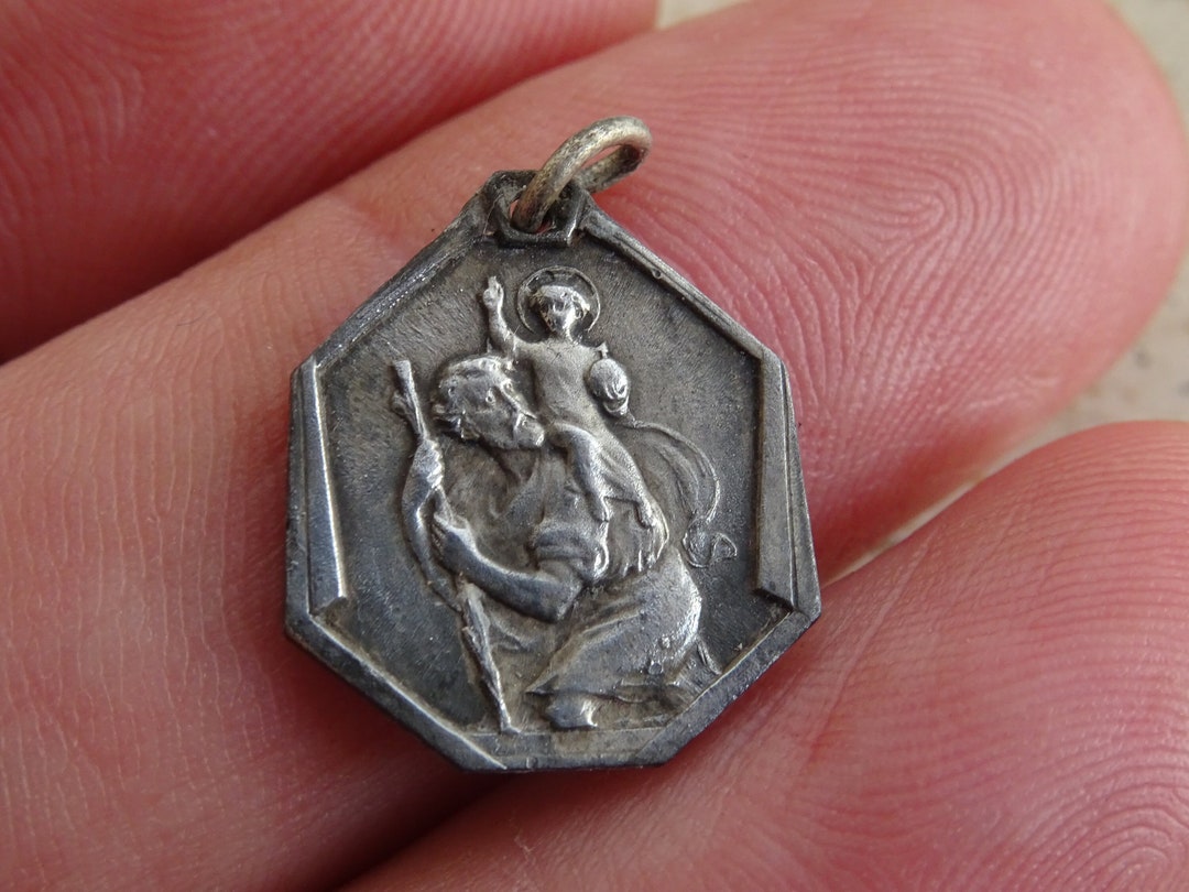 Religious Antique French Catholic Silver Plated Medal Pendant Charm of ...