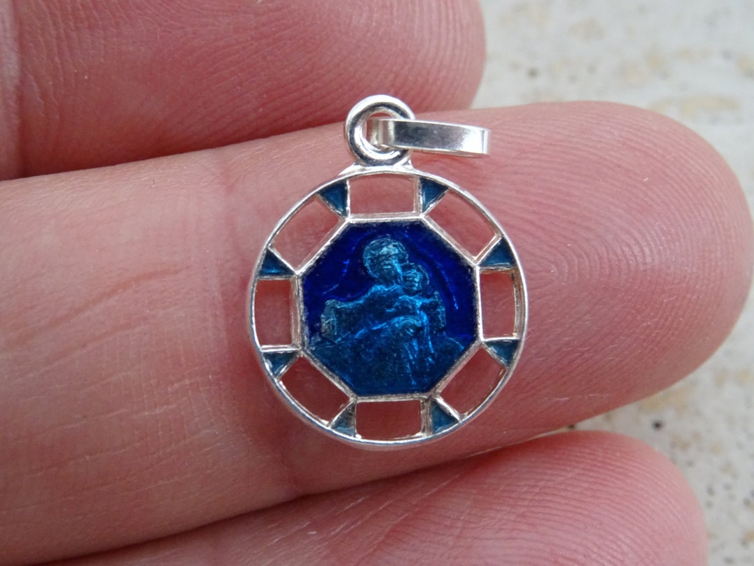 Religious Vintage Silver Plated Catholic Enameled Pendant Medal