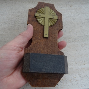 Religious vintage French wooden Holy water font stoup with cross crucifix Holy Jesus Christ.  ST 45