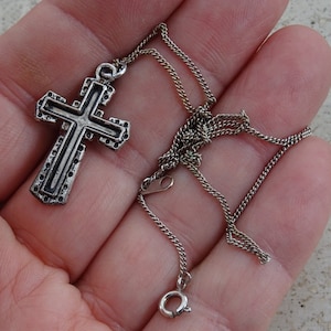 Religious vintage French silvered chain necklace with silver plated Christian cross crucifix. ( 6 )