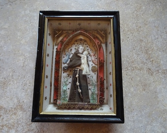 Religious antique wooden Klosterarbeit shrine with relic of Saint Francis of Assisi and Agnus Dei.  7