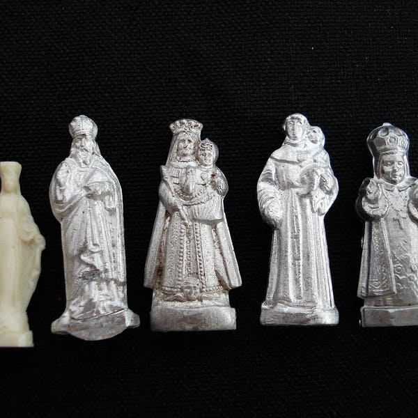 Religious antique French aluminium catholic little statues  miniatures figures of different Saints. ( 7 )