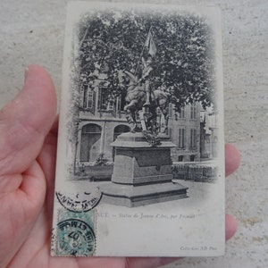 Antigua postal francesa usada con estatua de monumento de Juana de Arco, recuerdo de Juana de Arco de Nancy. ( G 18 )