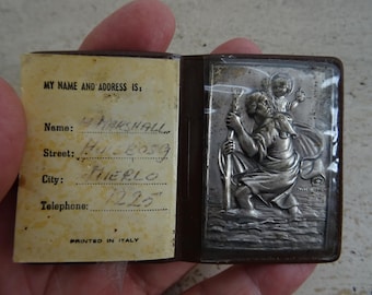Religious vintage catholic pocket shrine relic holder with silver plated plaque of Saint Christopher souvenir of Banneux. ( T 12 )