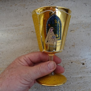 Rare religious antique French catholic chalice grail cup goblet drinking glass souvenir of Holy Communion of glass.