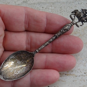 Religious antique French silver spoon of Joan of Arc Jeanne d&#39;Arc on her horse souvenir of Orleans.  4