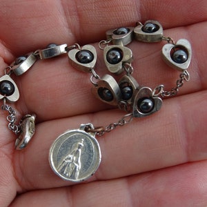 Antique religious French silver plated bracelet with beads of hearts and medal pendant Holy Virgin Mary souvenir of Fatima. ( D 3a )