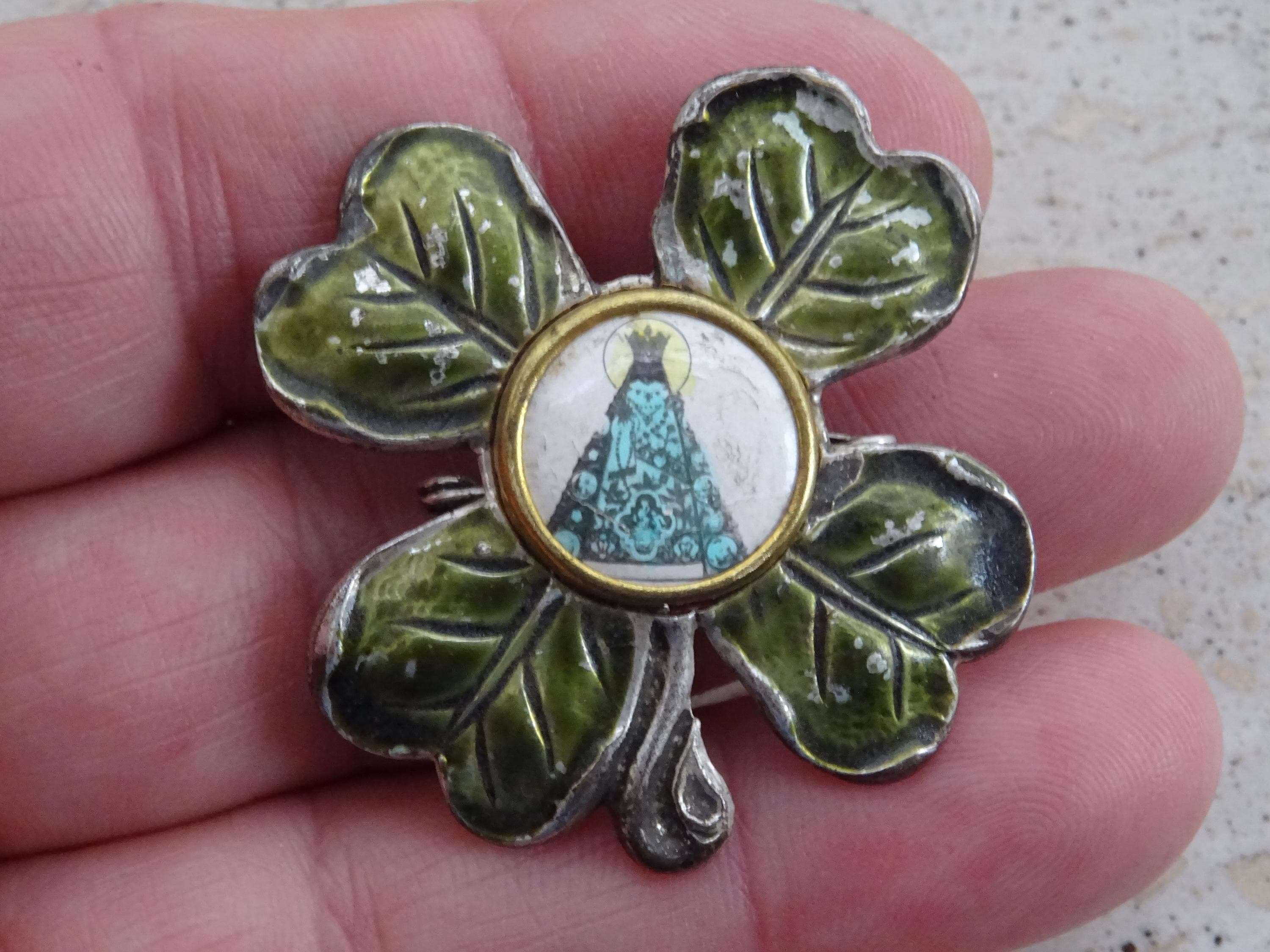 BROCHE ANCIENNE ARGENT MASSIF ÉMAILLÉE REF35173