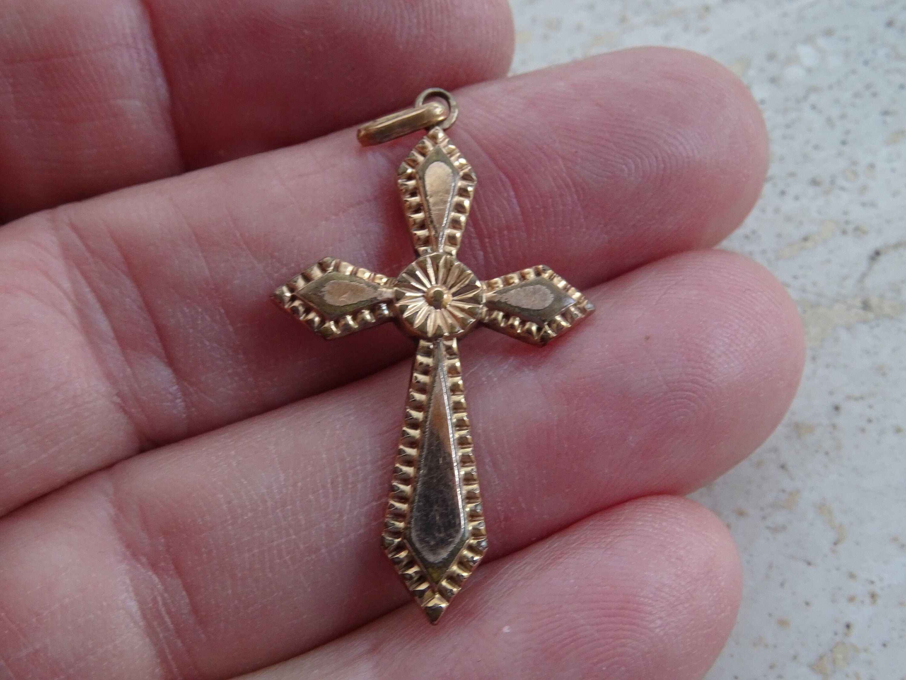 Religious Christian vermeil gold plated French crucifix pendant cross pectoral cross rosary necklace cross with transparant stone. ( RR 17)