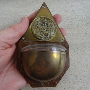Pila de agua bendita francesa antigua de madera religiosa. Recuerdo de San Antonio de Padua. (K 13)