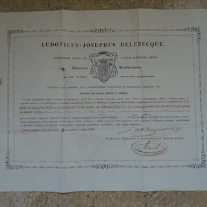 Original 1858 Catholic Relic Authentication Certificate Bishop Delebecque of Ghent Signed & Embossed Authentic Ecclesiastical Document. T 10