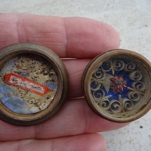 Religious antique French catholic wooden shrine with relic reliquary. ( F 16 )