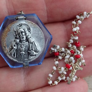 Religious antique French catholic rosary with cross crucifix Holy Christ with holder box container of glass of Holy Jesus Christ. ( A 19 )