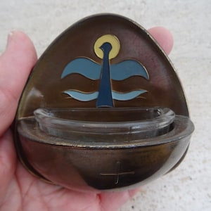 Religious antique French copper enameled Holy water font stoup with cross crucifix Holy Jesus Christ.  J 16