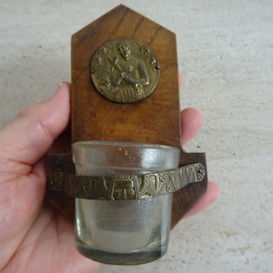 Religious antique French catholic wooden Holy water font stoup of glass with copper medallion of saint Gerard. ( L 22 )