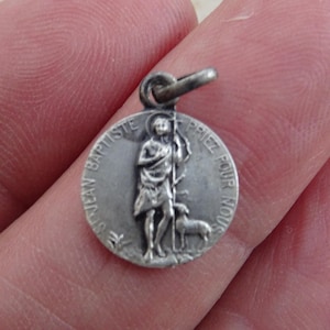 Religious antique catholic silver plated medal pendant medallion holy charm Saint John Baptist souvenir of Cachtem. ( P 33 )