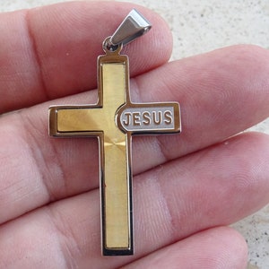 Religious vintage silver gold plated catholic Christian crucifix pendant cross written JESUS. ( i 37 )