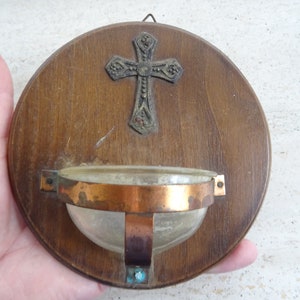 Religious vintage French wooden Holy water font stoup with cross crucifix Holy Jesus Christ.  P