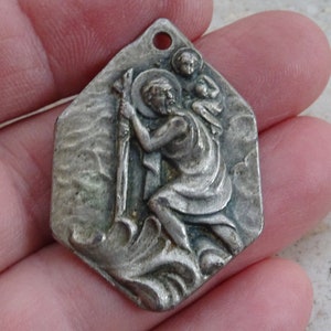 Religious antique French silver plated catholic medal pendant charm medallion Saint Christopher and  souvenir of  the cave of Lourdes. B 27