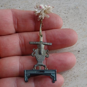 Religious antique French pewter statue altar shrine chapel with flowers for doll house. ( 18 )