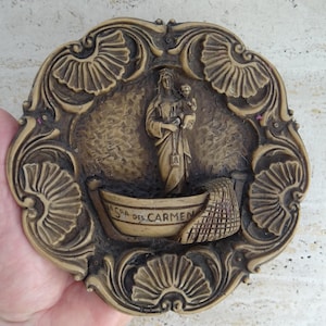 Religious water font stoup  of polyresin of Holy Virgin Mary Virgen del Carmen in Malaga.  BB 42