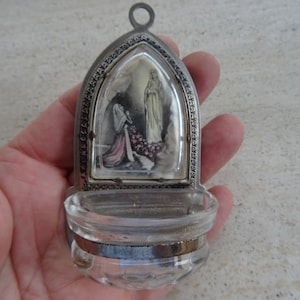 Religious French catholic silver plated  Holy water font stoup of Holy Virgin Mary souvenir of Lourdes. ( K 49 )