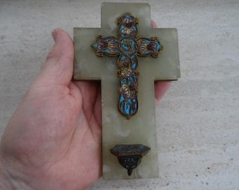 Antique French Champlevé Enamel Holy Water Font  Green Onyx Cross with Floral Enamel Crucifix and Lidded Font 19th Century Wall Benitier H11