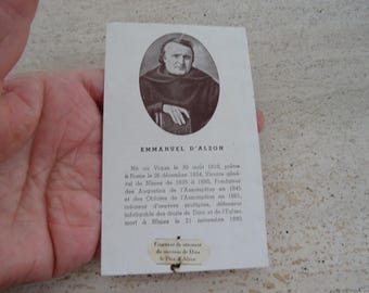 Religious antique catholic card shrine with photo picture with inside a piece of cloth of Emmanuel d'Alzon.  D E 18