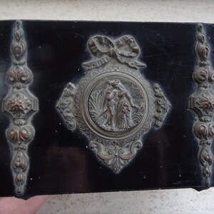 Antique French beautiful ornameted box trinket jewelery box souvenir jewelry box of wood with a man and woman in love.