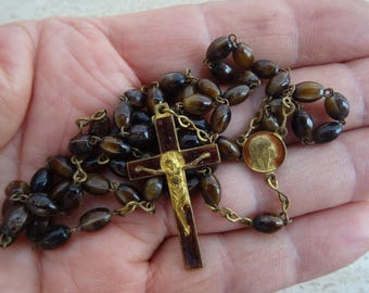 アンティークフランス製ダークブルーガラスロザリオ：子供の初聖体拝領
