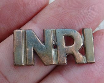 Religious antique bronze element of a cross crucifix INRI. ( C 22 )