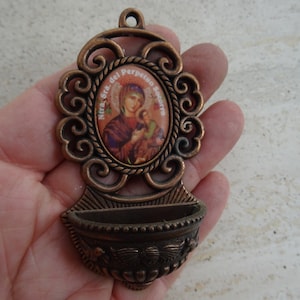 Religious antique French copper catholic Holy water font of Holy Mary Our Lady of Perpetual Help. (  U 51 )