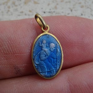 Religious antique French copper enameled guilloche catholic medal Holy charm medallion of Saint Christopher.  ( E 12 )